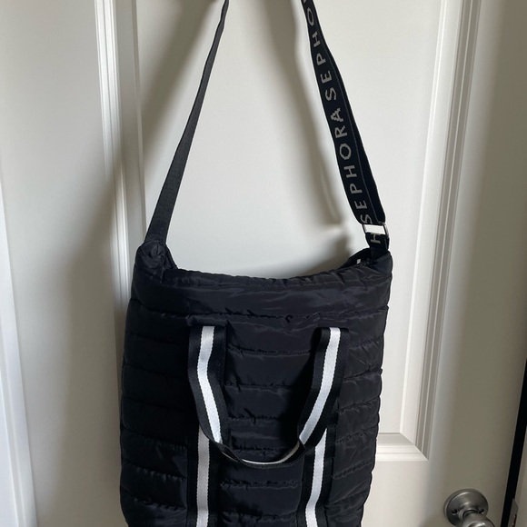 Sephora Handbags - Sephora Black Quilted Tote with White-Trim Handles